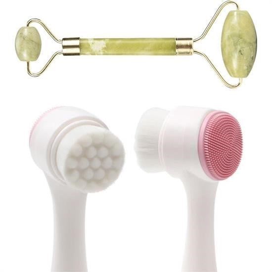 JetBura® 2li Set Çift Taraflı Cilt Temizleme Fırçası ve Yeşim Taşı Çift Taraflı Cilt Masaj Aleti
