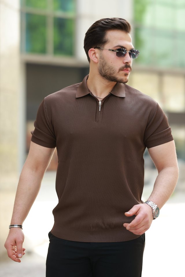 Erkek Fermuarlı Yakalı Kısa Kollu Tshirt