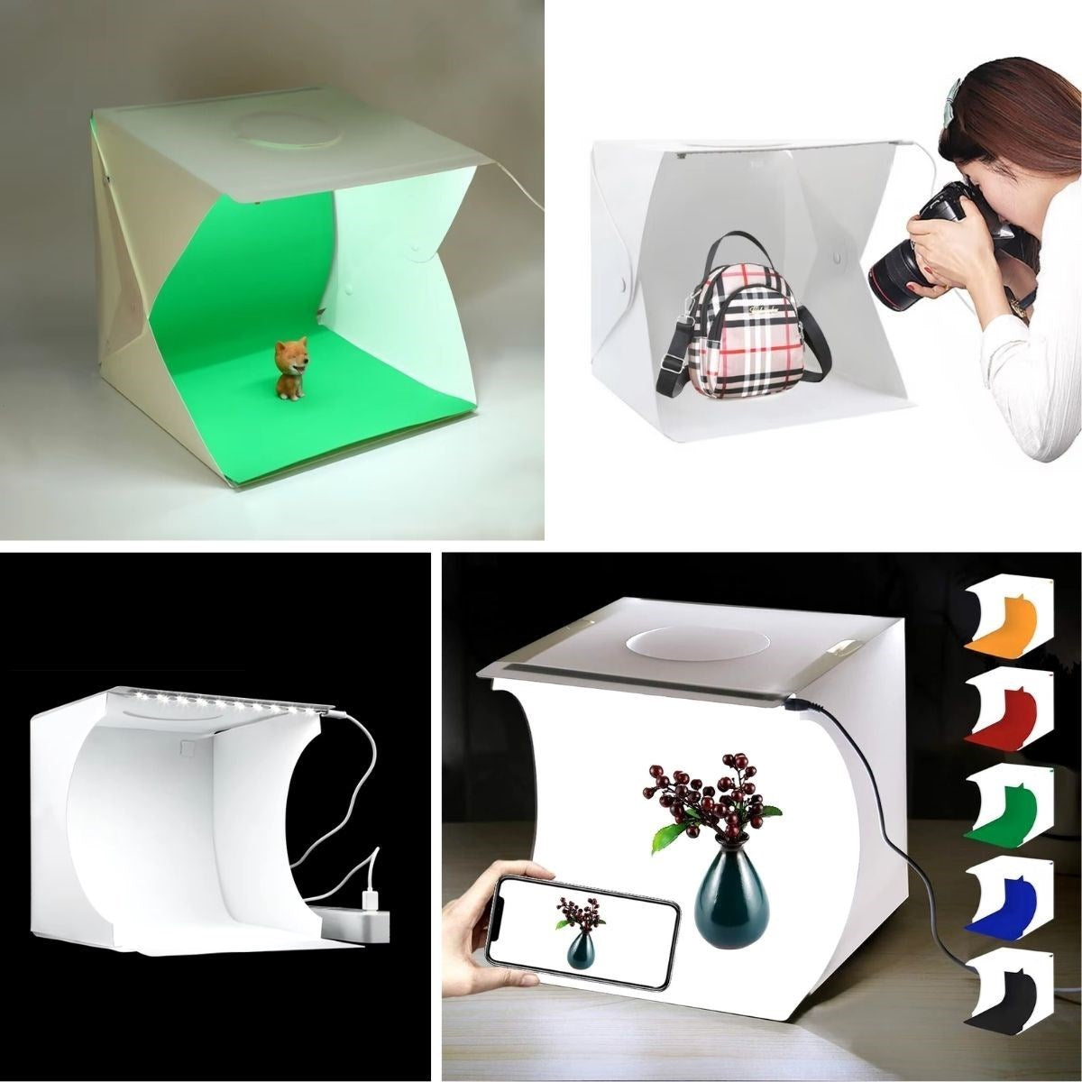 JetBura® Katlanır Işıklı Fotoğraf Stüdyosu 40x40 cm 6 Renk Fonlu Ürün Çekimi İçin Uygun Fotoğraf Çekim Kutusu