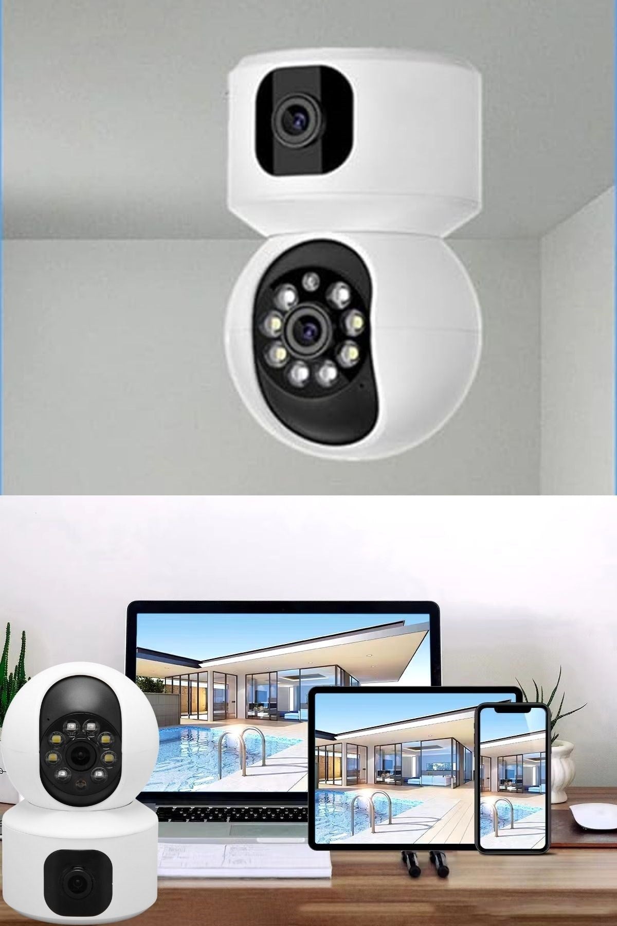 JetBura® Çift Kameralı Wifi Bağlantılı Gece Görüşlü Ev Tipi Güvenlik Kamerası