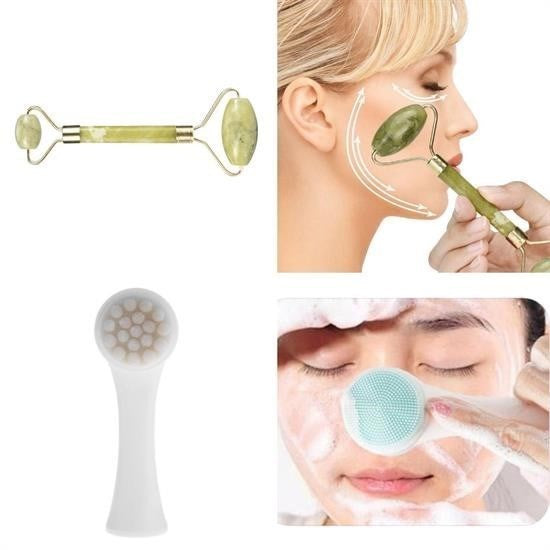 JetBura® 2li Set Çift Taraflı Cilt Temizleme Fırçası ve Yeşim Taşı Çift Taraflı Cilt Masaj Aleti