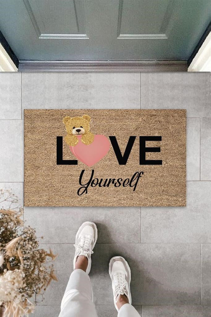 Bej Kapı Önü Paspası Love Yourself Ayıcık Desen K-3327