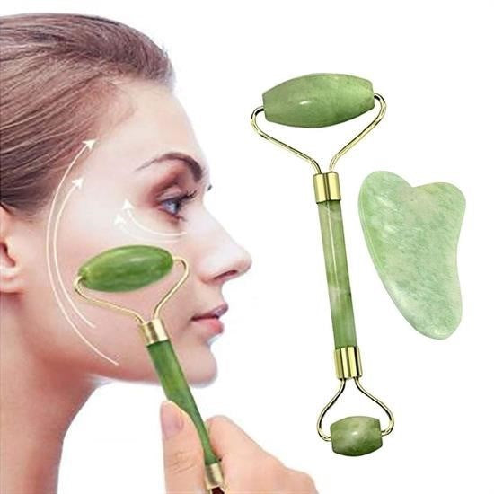 JetBura® Çift Taraflı 2li Cilt Yüz Masaj Aleti Jade Roller Yeşim Taşı Seti