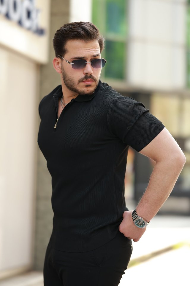 Erkek Fermuarlı Yakalı Kısa Kollu Tshirt
