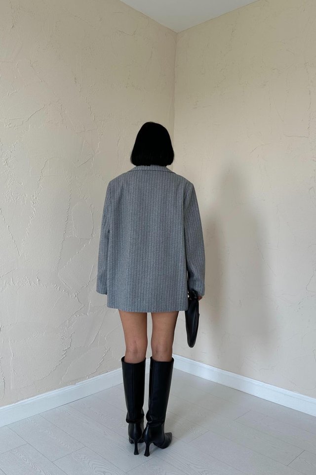 Gri Çizgili Oversize Ceket
