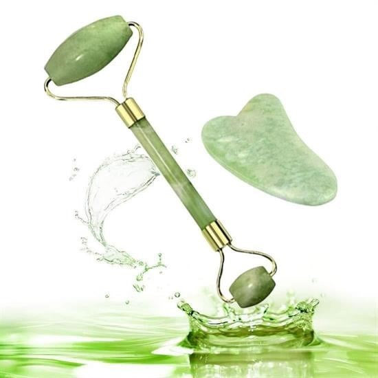 JetBura® Çift Taraflı 2li Cilt Yüz Masaj Aleti Jade Roller Yeşim Taşı Seti