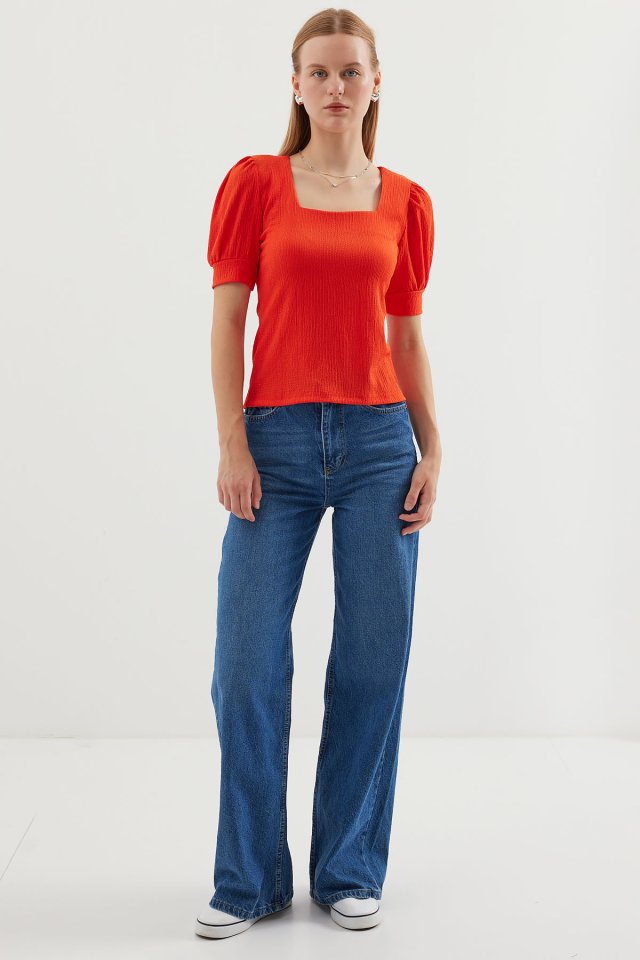 0409 Kare Yaka Örme Bluz - Oranje