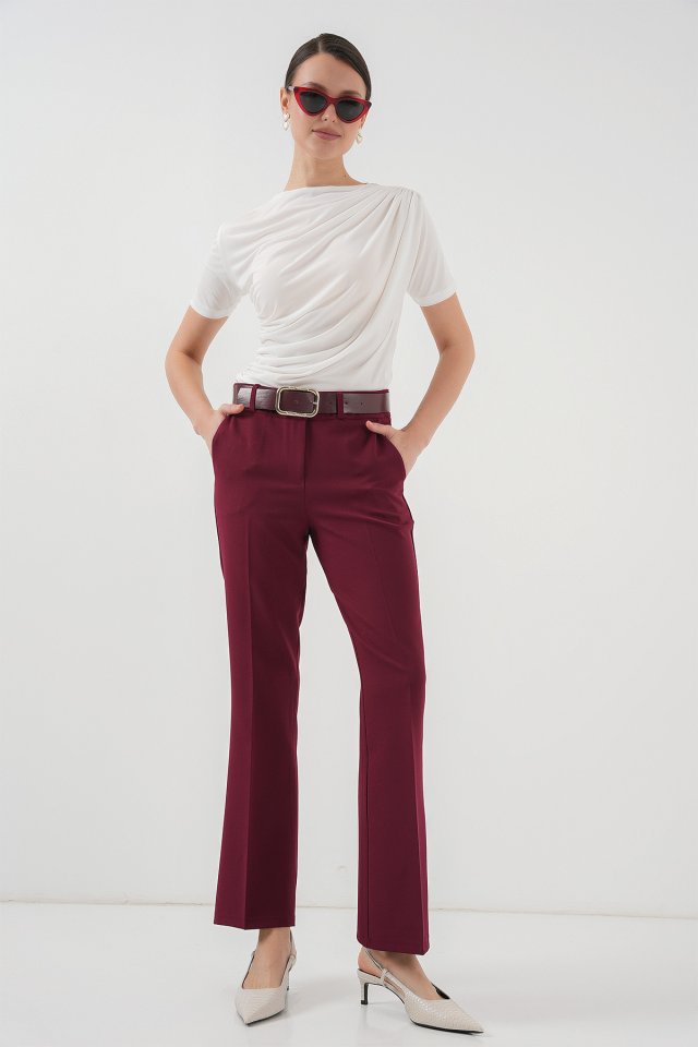 6538 Kemerli İspanyol Paça Pantolon - Bordo