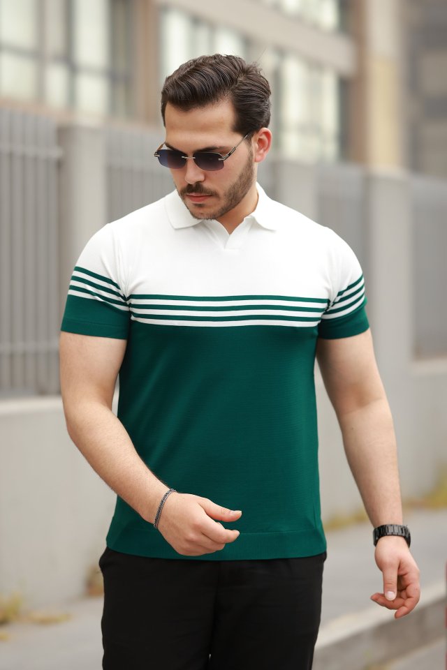 Erkek Parça Renk Yakalı Kısa Kollu T-shirt