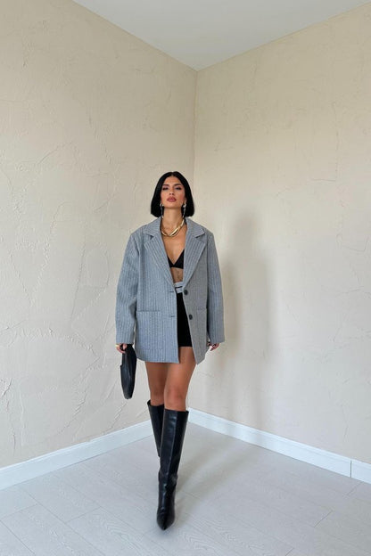 Gri Çizgili Oversize Ceket