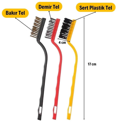 JetBura®  3 lü Detaylı Temizlik Bakır,Demir ve Sert Plastik Tel Fırça