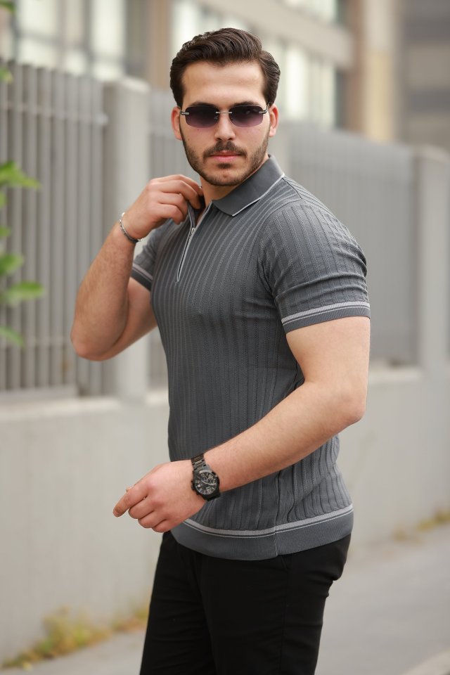 Erkek Fermuarlı Yakalı Kısa Kollu T-shirt