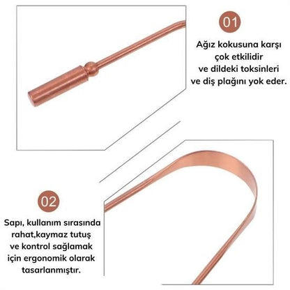 JetBura® Bakır Oil Pulling Yağ Çekme Dil Plak Temizleme Aleti Dil Fırçası Sıyırıcı Dil Kaşığı